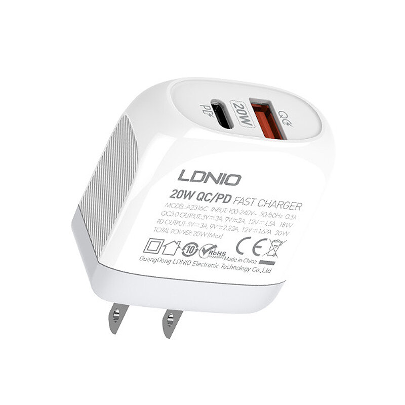 LDNIO A2316C 20W 2-poorts USB PD-lader USB-A+USB-C PD QC3.0 Snelle Oplaadwandadapter EU-stekker met 1M USB-A/Type-C naar Top Merken Winkel